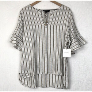 NWT ELLEN TRACY Linen Blend Top Sz M Striped White Black Beige Shirt $89